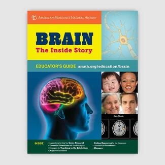 Cover of Educator's Guide titled "Brain: The Inside Story" with drawing of axon structure, aging faces, and PET and CT scans.