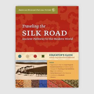 Cover of Educator's Guide titled "Traveling the Silk Road: Ancient Pathways to the Modern World" featuring an image of a line of camels in the desert.