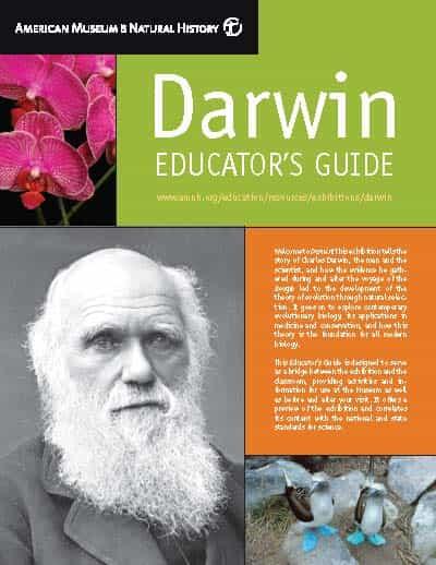Cover of Educator's Guide titled "Darwin" with photograph of Charles Darwin, pink orchids, and blue-footed boobies of the Galapagos.
