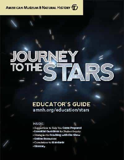 Cover of an Educator's Guide titled "Journey to the Stars" with text over background image of stars in space forming a tunnel shape.