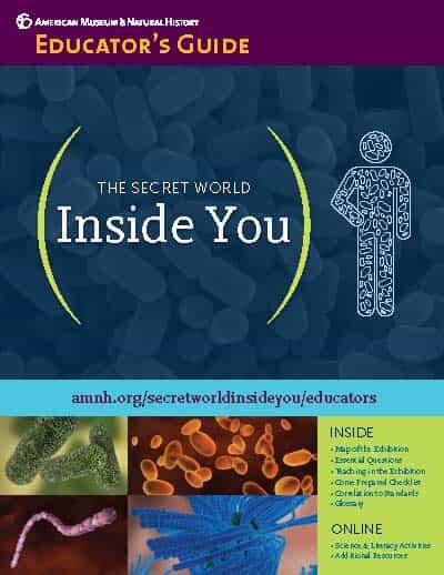Cover of Educator's Guide titled "The Secret World Inside You" featuring representative images of bacteria and stylized human figure.