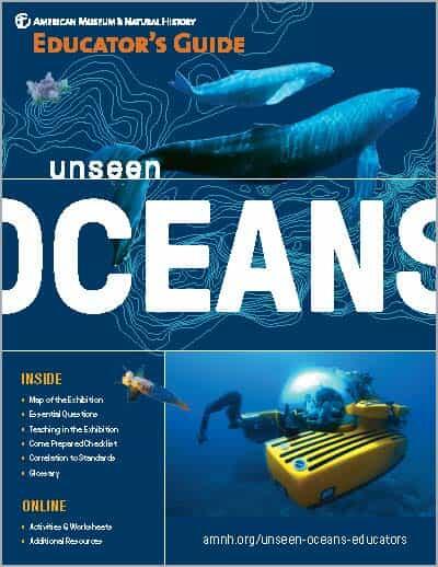 Cover of Educator's Guide titled "Unseen Oceans" featuring images of whales and a person in diving gear.