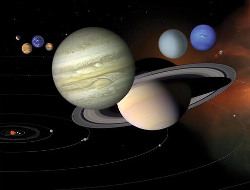 Foreground: the planets of the Solar System, scaled to size; Background: small versions distributed relative to their distance from the Sun