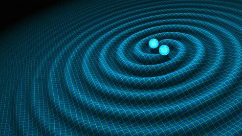 a simulated image with two spheres in the middle, and ripples extending out from them over a wireframe surface, depicting gravitational waves