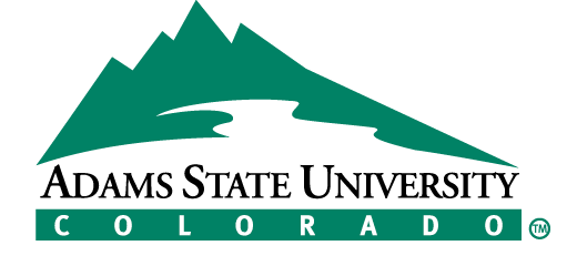 Logo for Adams State University Colorado with an icon represneting a river running through a triangular mountain shape above the full university name.