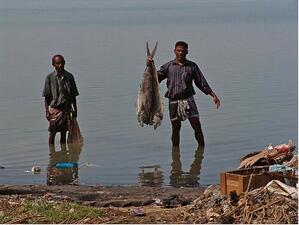 Two men standing ankle-deep in water, each holding a bag or small fishing net.