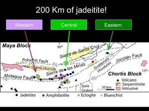 A slide titled "200 Kilometers of Jadeitite" with a map showing the Chortis Block and areas with jadeitite, amphibolite, eclogite, and blueschist