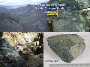 "Lws-Eclogite Occurrences, South Side, Motagua Fault, Guatemala" four photos show hills; geological hammer; person working in the field; a specimen.