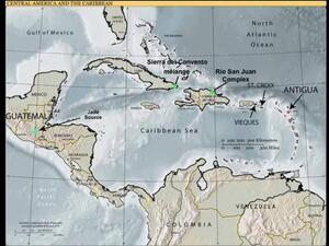A map including Central America, the Caribbean Sea and islands, Cuba, the tip of Florida, and parts of the Gulf of Mexico, the North Atlantic Ocean, and the northern coast of South America.