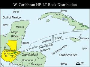 A slide titled "West Caribbean HP-LT Rock Distribution" with a map of parts of the Gulf of Mexico and the Caribbean Sea, and adjacent land.
