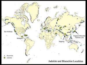 A map of the world excluding Antarctica, showing the locations with jadeitite and blueschist.