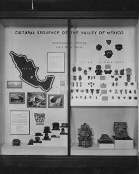 Artifacts and a map of Mexico presented in a display case titled "Cultural Sequence of the Valley of Mexico."