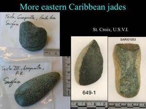 A slide titled "More eastern Caribbean jades" with four photos of small rock specimens, two from Puerto Rico and two from Saint Croix, U.S. Virgin Islands.