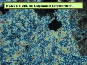 A slide of serpentinite magnified to show mottled coloration of dark and light greens, and specks of red.