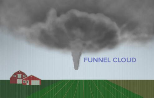 Illustration of a funnel cloud emerging from the wall cloud.