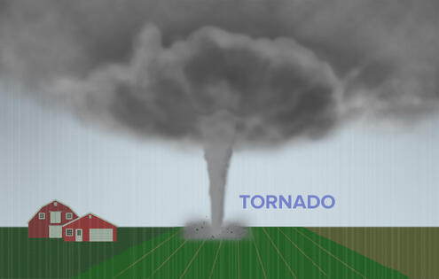 Illustration of a tornado touching down near a farm.