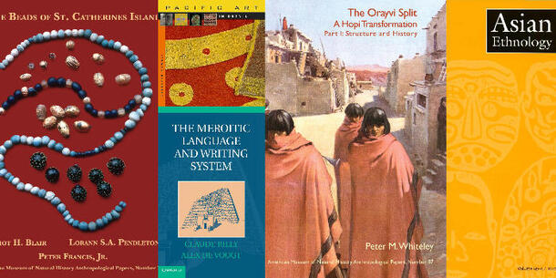 Collage of five covers of anthropological publications, including The Orayvi Split, Asian Ethnology and The Meroitic Language and Writing System.