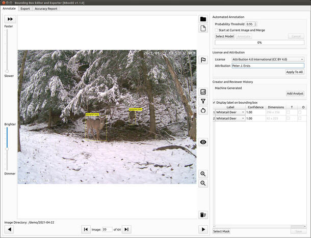 Screenshot of web application shows an image of a deer in the snow and the Bounding Box Editor tools.