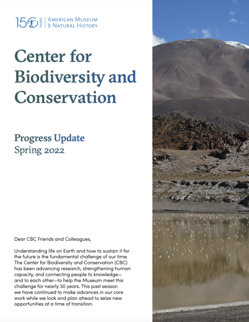 Front page of the CBC Progress Report for Spring 2022 featuring a flamingos in the distance near a snow peaked mountain