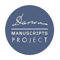 Darwin manuscripts project logo. Blue and white.