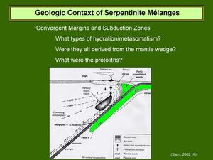 A slide titled "Geologic Context of Serpentinite Melanges" with three lines of text and a map.