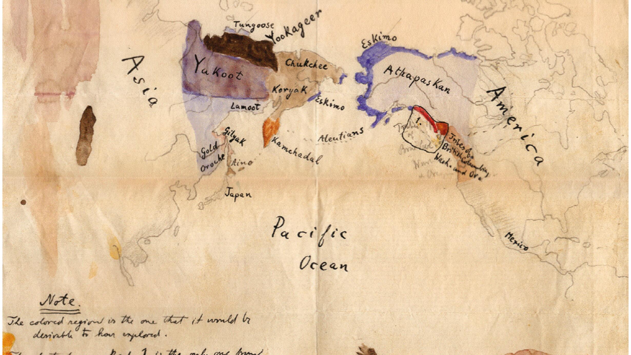 Hand-colored Culture Distribution Map drawn by Franz Boas