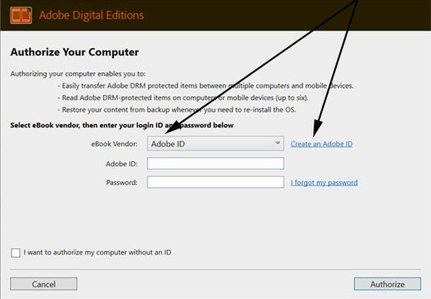 eBook Adobe authorization screen with ID