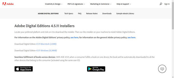 Download options for Adobe Digital Editions for eBooks