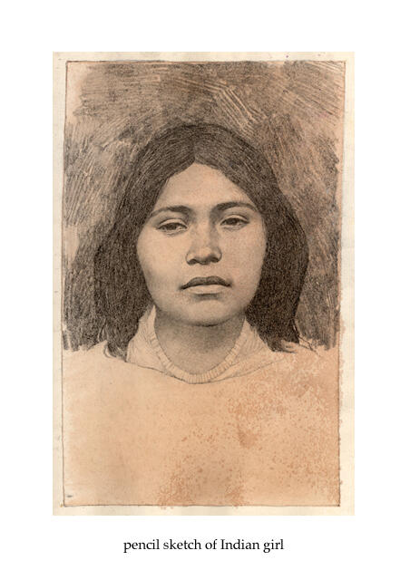 A drawing of a person with straight dark shoulder length hair and a light colored shirt titled, “Pencil sketch of Indian girl.”