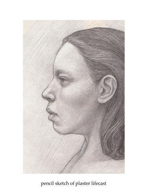 A pencil sketch of a woman in profile.