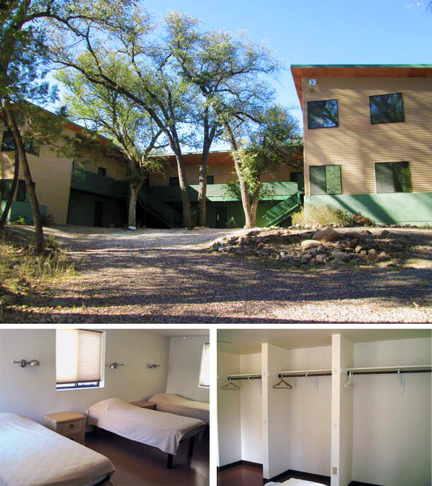Collage. Top image is outside of dormitory building. Bottom images are inside rooms showing twin beds and empty closets.