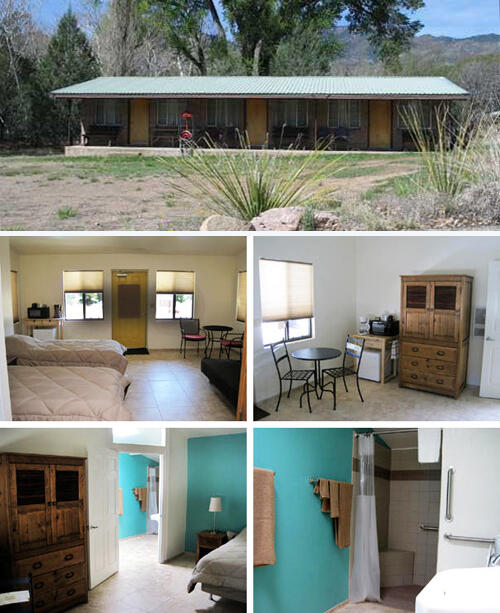 Collage of a triplex lodging facility. Top row shows outside with with three doors. Second and third row are inside photos of a room.