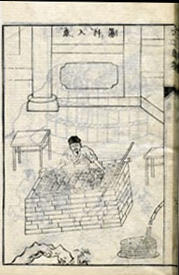 Chinese line drawing from the 1600s showing a person making paper.