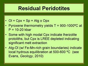 A slide titled "Residual Peridotites" with bullet points of text.