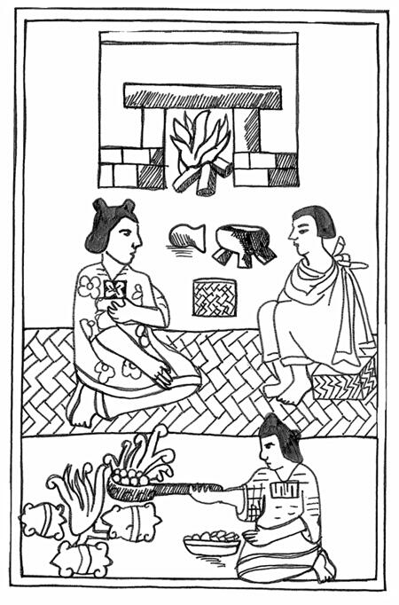 Drawing of three humans in ceremonial garb. Two sit or kneel facing each other with large hearth fire in background. The third lights a torch-like object from a second smaller fire.
