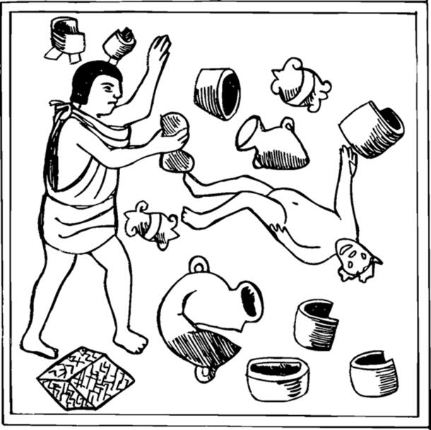 A drawing of a human tossing and breaking household items such as bowls and other vessels.