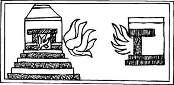 A drawing representing New Fire in temples depicts flames in two square-shaped structures.