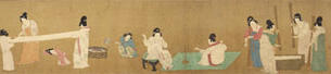 A painting of ten Chinese women in different areas of a large room, working with thread and fabric.