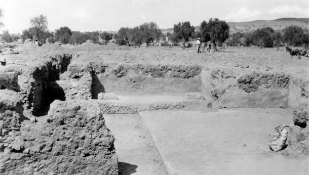 A excavation site on wide flat dry terrain with partially exposed walls. The photo caption states: "South house looking north." In the background are low scrubby trees and several people.