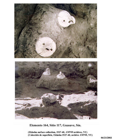 Two images of partially excavated objects. inlcuding a pair of sculpted beaked bird heads.