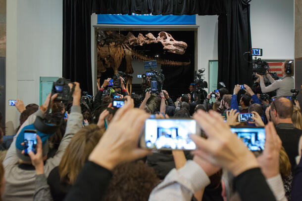 A crowd of people in front of the Titanosaur exhibit raise their phones up to take photos.