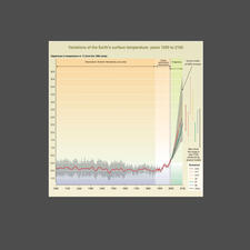Chart titled "Variations of the Earth's surface temperature: years 1000 and 2100" showing sharp increase in temperature from mid-1900s on.