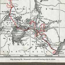 A map of "British East Africa" and "German East Africa" and Congo with a bright line running through the region.