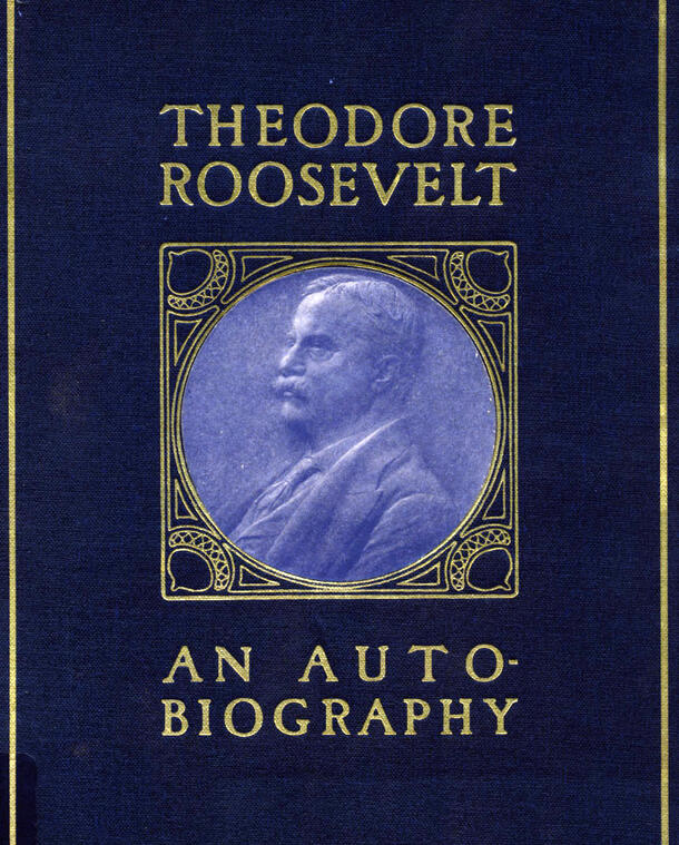 Book cover with a profile image of Theodore Roosevelt in a circle and text reading "Theodore Roosevelt: An Autobiography."