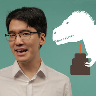 On the left, paleontologist Aki Watanabe and on the right, an illustrated T. rex holding a birthday cake. 
