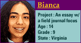 A headshot of a smiling high school girl, and a description of her project: "An essay with a field journal focus."