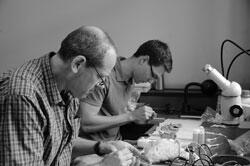 Two men seated at a work table with a microscope and other tools, bent over specimens.