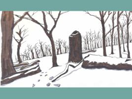 journal page with drawing of winter park scene with snow on the ground and bare trees