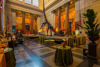Small round tables decorated with velvet table cloths and flowers in a vase surround a centrally-displayed tall fossil dinosaur mount in the Museum's rotunda.