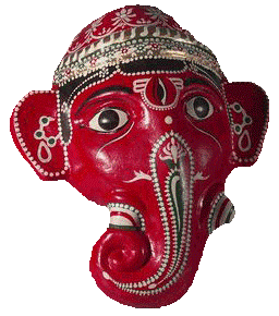 Colorful, decoratively painted papier mache mask depicting the Hindu god Ganesha, who has the head of an elephant.